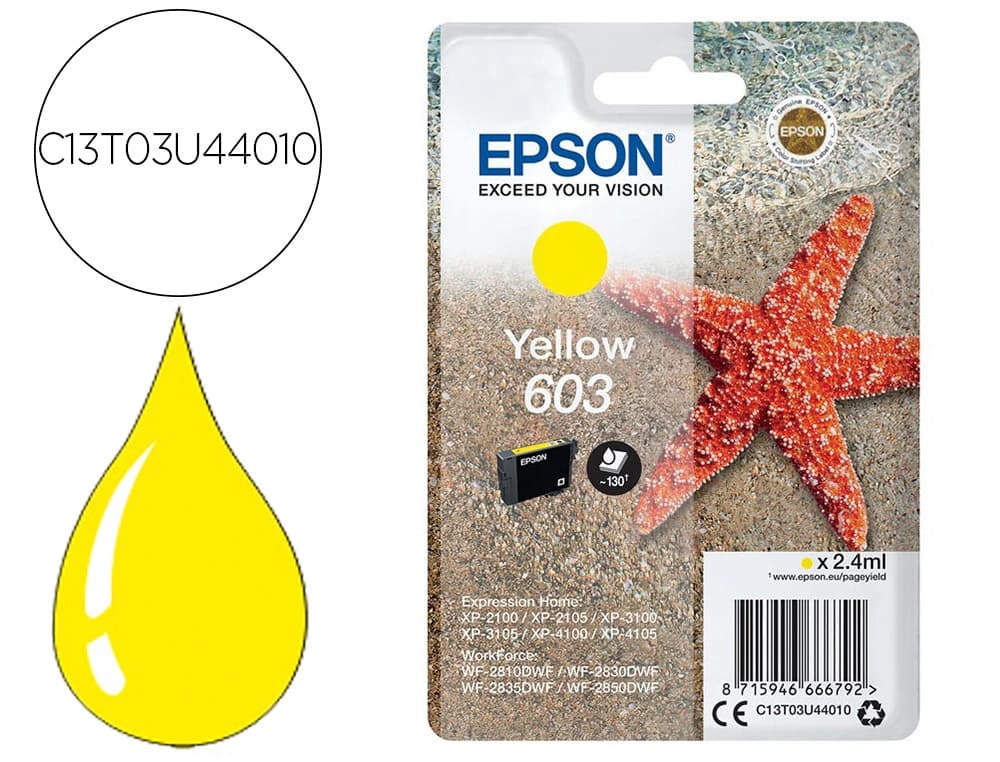Epson Ink-jet epson 603 xp-2100 / 2105 / 3100 / 4100 / wf-2810 / 2830 / 2835 / 2850 amarillo 130 paginas