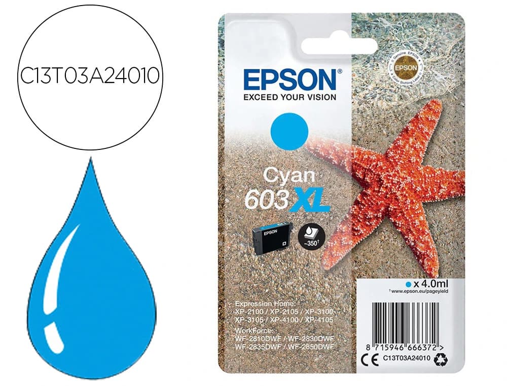 Epson Ink-jet epson 603xl xp-2100 / 2105 / 3100 / 4100 / wf-2810 / 2830 / 2835 / 2850 cian 350 paginas