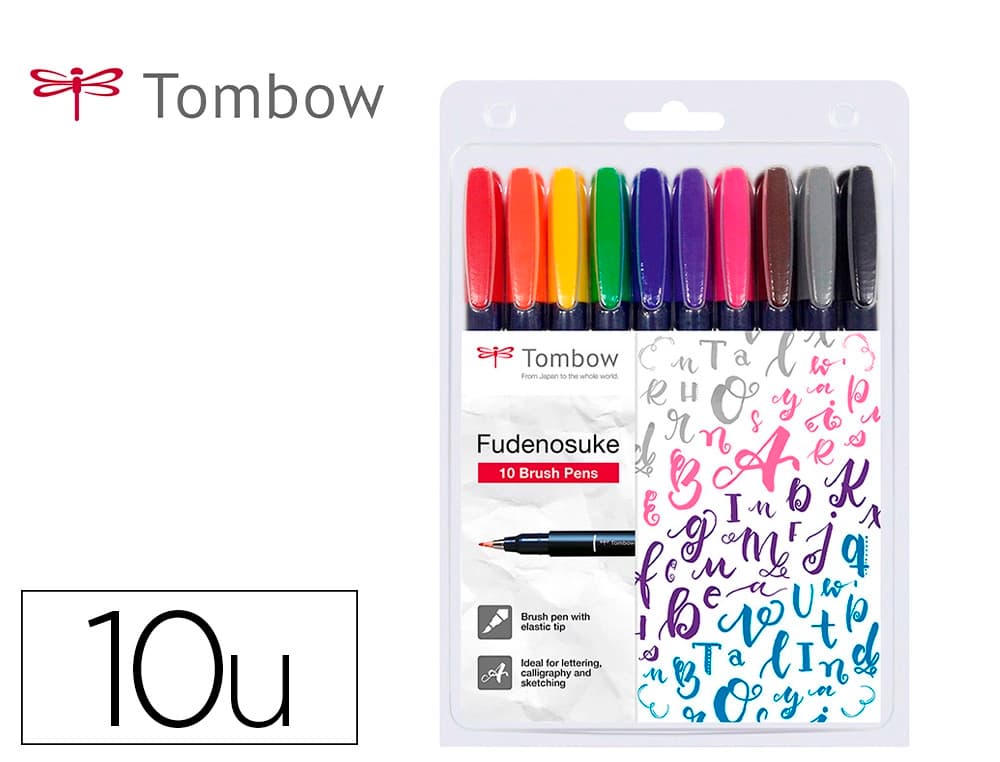 Tombow Rotulador tombow fudenosuke tinta base de agua punta pincel dura estuche de 10 unidades colores surtidos