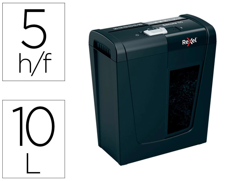 Rexel Destructora de documentos rexel secure s5 eu capacidad 5 hojas grapas clips tarjetas y cd papelera 10 l