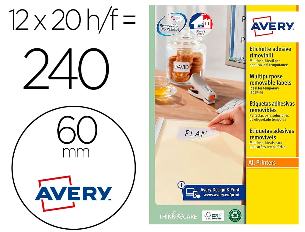 Avery Etiqueta adhesiva avery blanca redonda removible para laser ink-jet fotocopiadora 60 mm caja de 240 unidades
