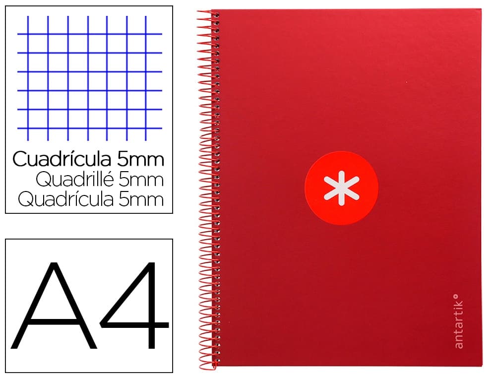 Antartik Cuaderno espiral a4 micro antartik tapa forrada 80h 90 gr cuadro 5mm 1 banda 4 taladros frambuesa