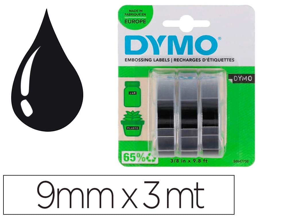 Dymo Cinta dymo 3d 9mm x 3mt para rotuladora omega/junior color negro blister 3 unidades