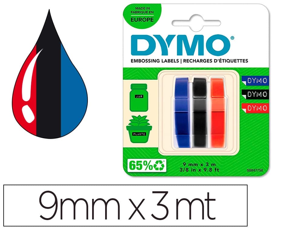 Dymo Cinta dymo 3d 9mm x 3mt para rotuladora omega/junior color azul/negro/rojo blister 3 unidades