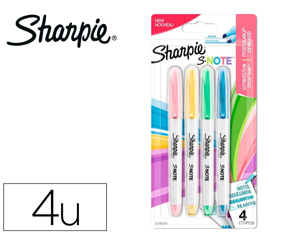 Sharpie Rotulador sharpie permanente s-note punta biselada trazo 1,2 /3,87 mm blister 4 unidades colores surtidos