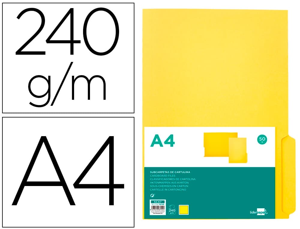 Liderpapel Subcarpeta cartulina liderpapel din a4 pestaña derecha 240g/m2 color amarillo