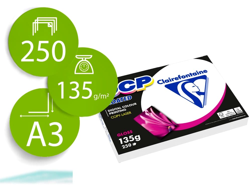 Clairefontaine Papel fotocopiadora color dcp coated glossy din a3 135 gramos paquete de 250 hojas