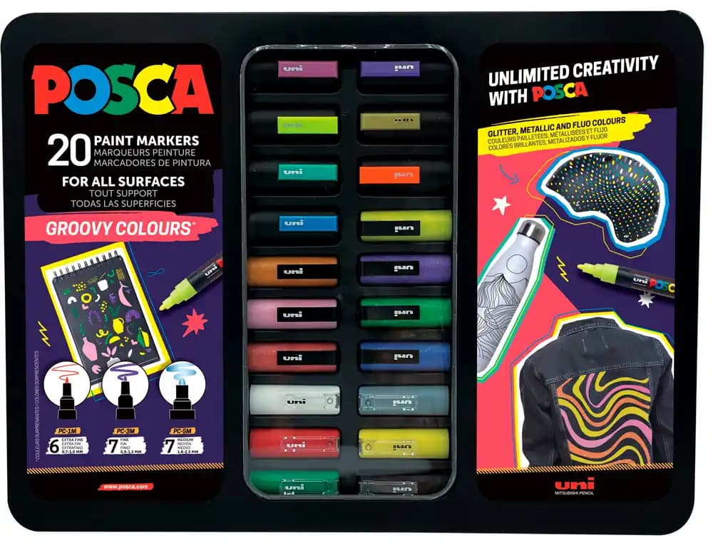 Posca Rotulador uni posca groovy colours marcador de pintura punta conica maletin metalico de 20 unidades colores