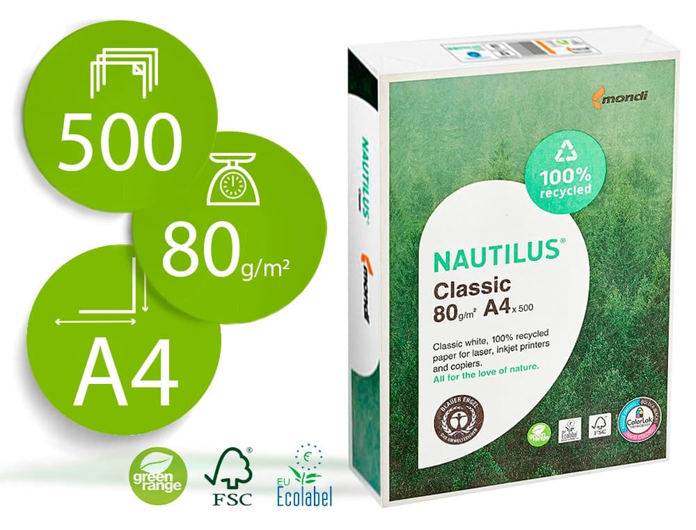 Nautilus Papel fotocopiadora nautilus din a4 80 gramos paquete de 500 hojas 100% reciclado