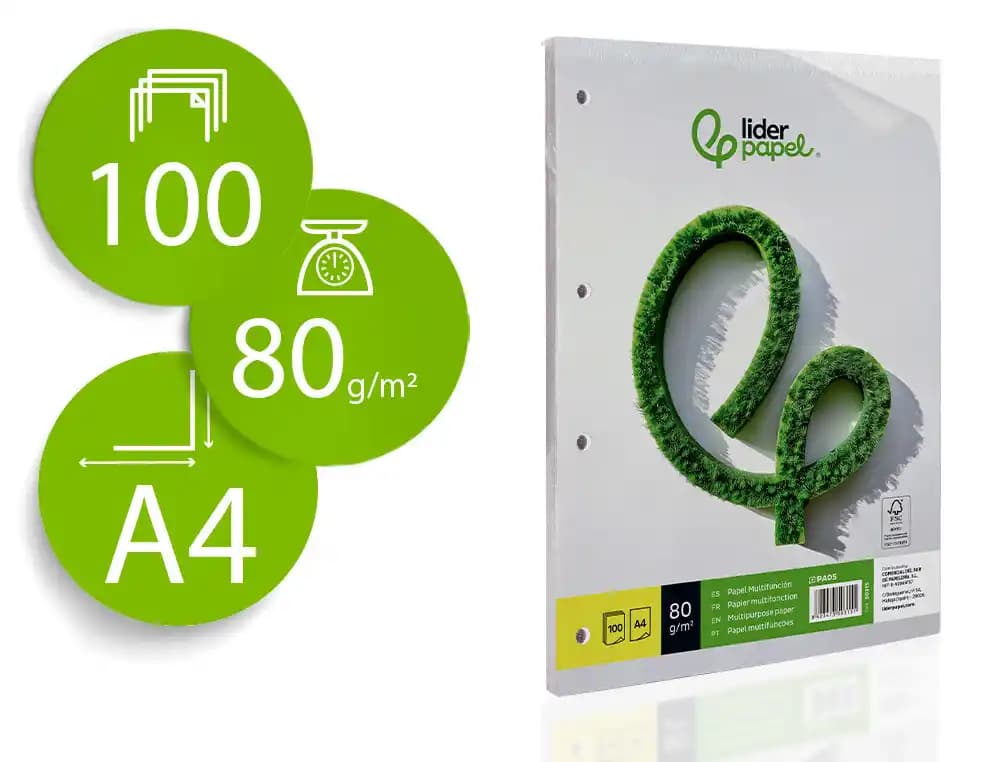 Liderpapel Papel liderpapel a4 80g/m2 liso 4 taladros paquete de 100 hojas