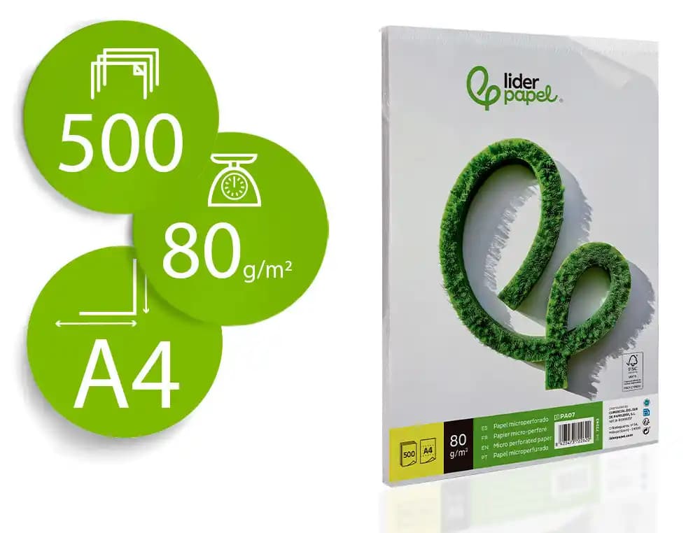 Liderpapel Papel liderpapel a4 80g/m2 liso microperforado en tres partes iguales paquete de 500 hojas