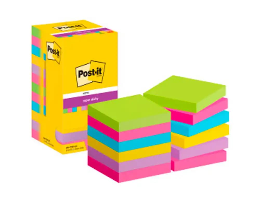 Post-it Bloc de notas adhesivas quita y pon post-it super stick ultra 76x76 mm pack de 12 bloc verde rosa amarilla