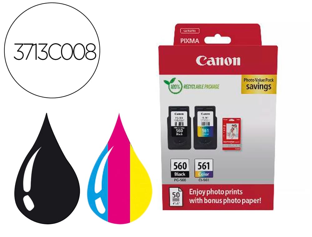 Canon Ink-jet canon photo value pack pg-560 + cl561 + 50 hojas papel foto glossy 10x15 cm