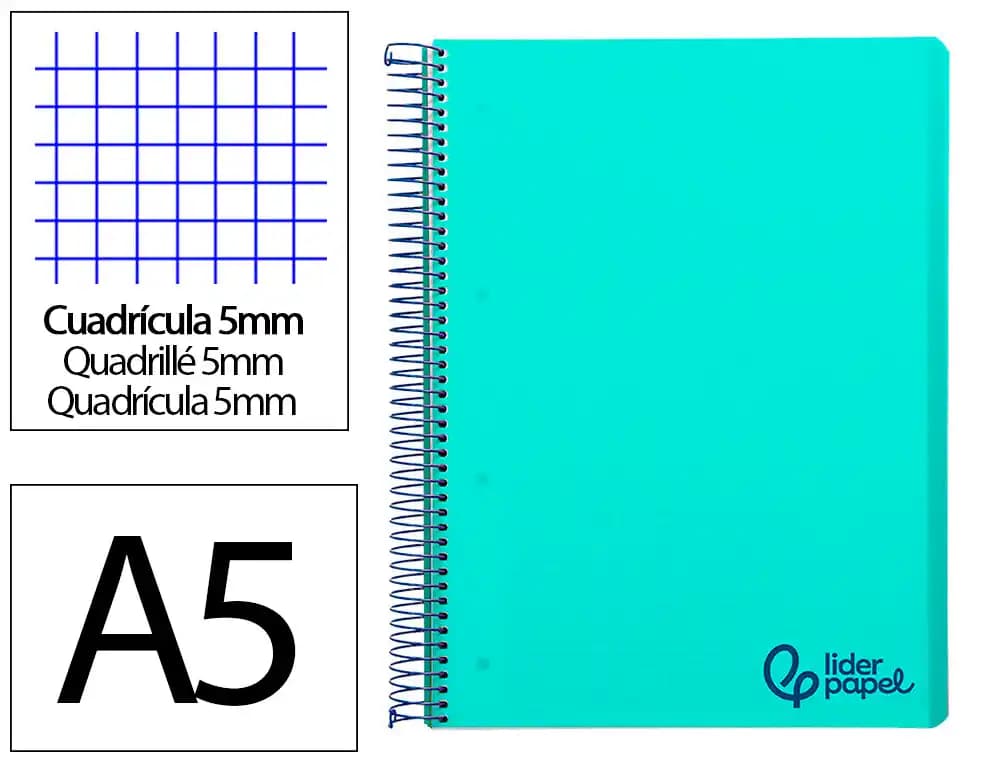 Liderpapel Cuaderno espiral liderpapel a5 micro wonder tapa plastico 120h 90gr cuadro 5mm 5 bandas 6 taladro color verde turquesa
