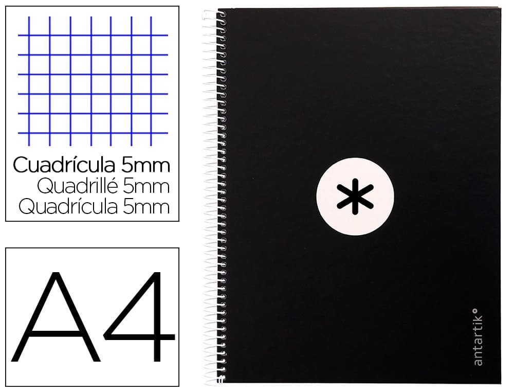 Antartik Cuaderno espiral a4 micro antartik tapa forrada 80h 90 gr cuadro 5mm 1 banda 4 taladros