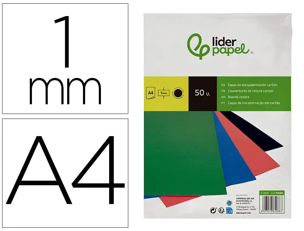 Tapa encuadernacion liderpapel carton a4 1mm negra paquete de 50 unidades