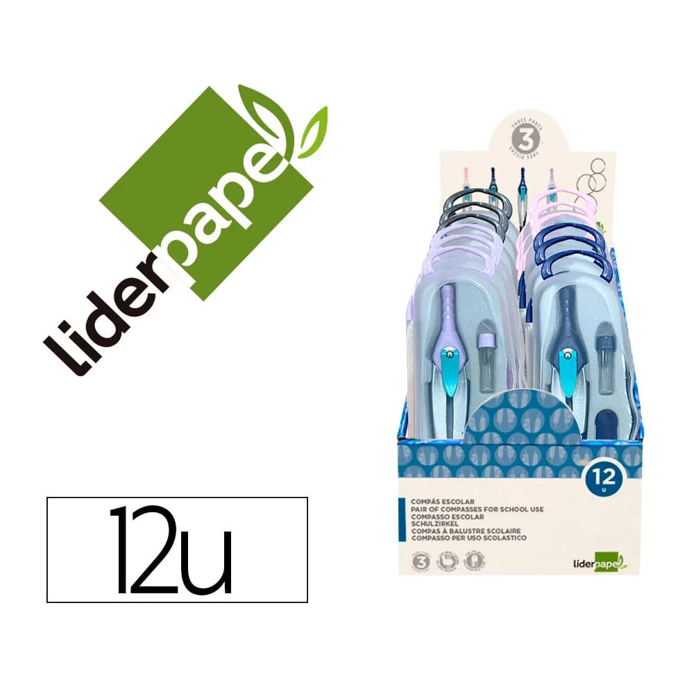 Liderpapel Compas liderpapel lock device con adaptador universal y tubo de minas expositor con 12 unidades colores surtidos