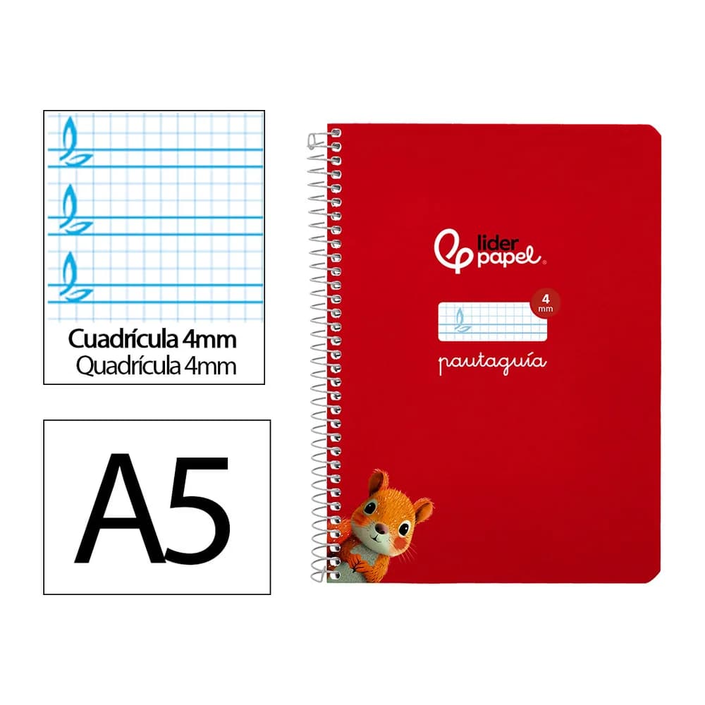 Liderpapel Cuaderno espiral liderpapel a5 pautaguia tapa blanda 40h 75gr cuadro pautado 4mm color rojo