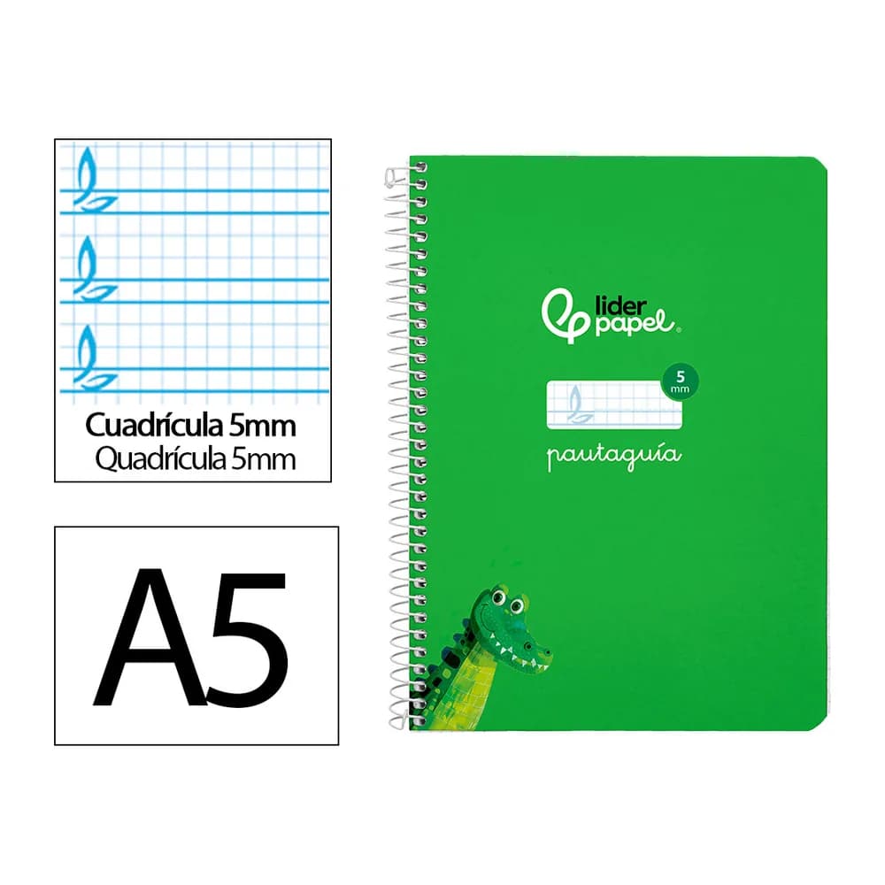Liderpapel Cuaderno espiral liderpapel a5 pautaguia tapa dura 80h 90 gr cuadro pautado 5mm color verde