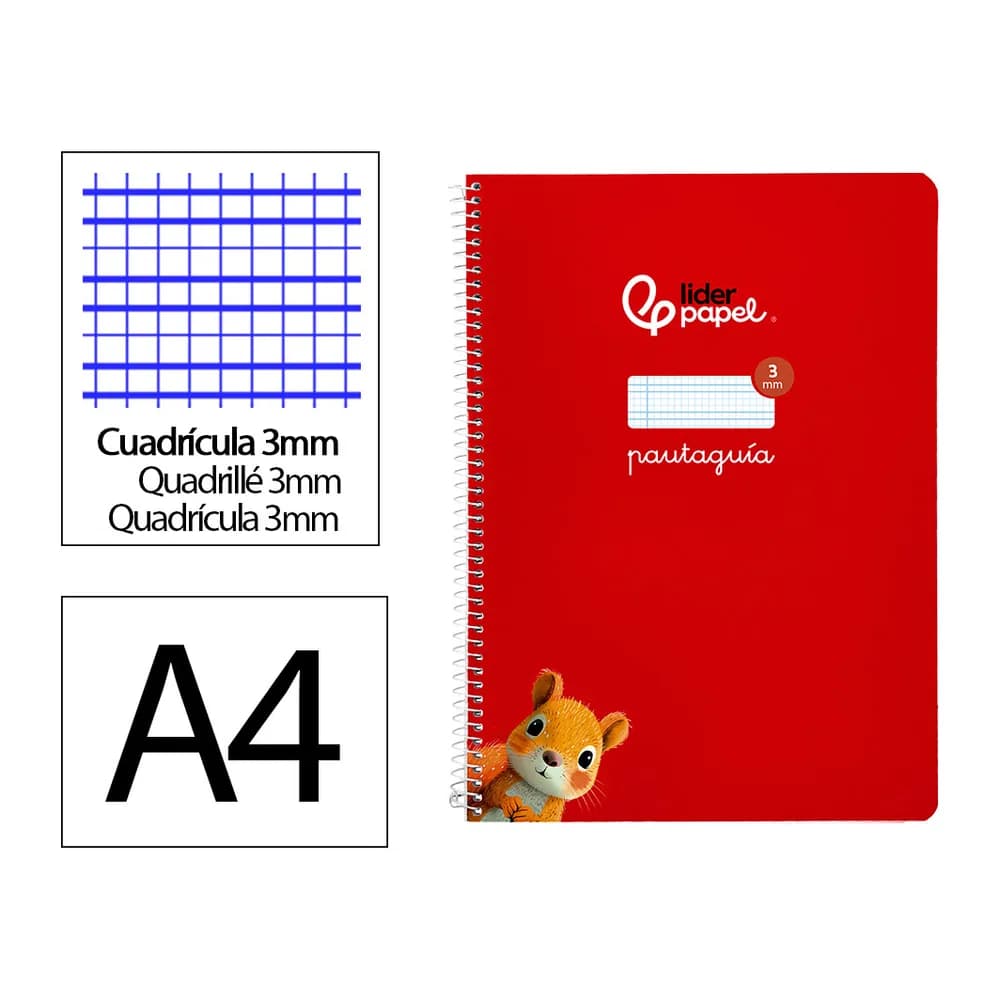 Liderpapel Cuaderno espiral liderpapel a4 pautaguia tapa blanda 80h 75gr cuadro pautado 3mm color rojo