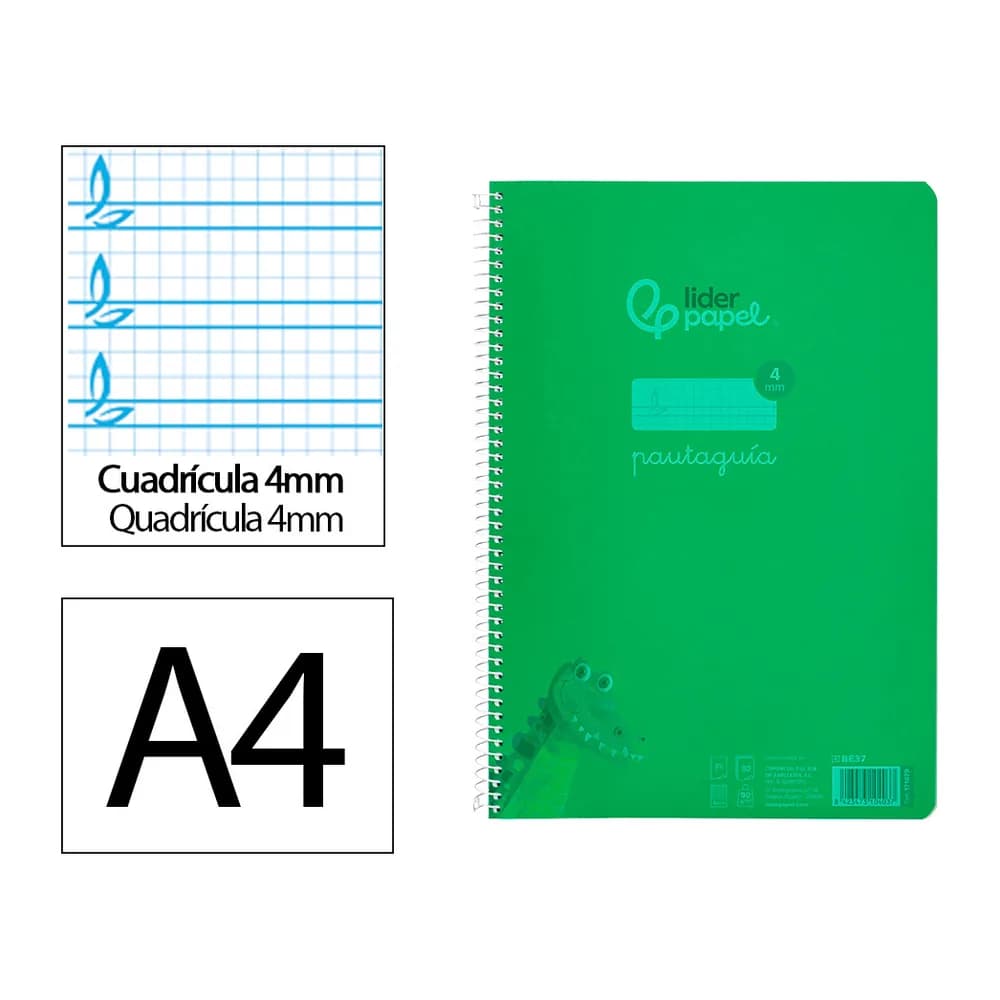 Liderpapel Cuaderno espiral liderpapel a4 pautaguia tapa plastico 80h 90gr cuadro pautado 4mm con margen color verde