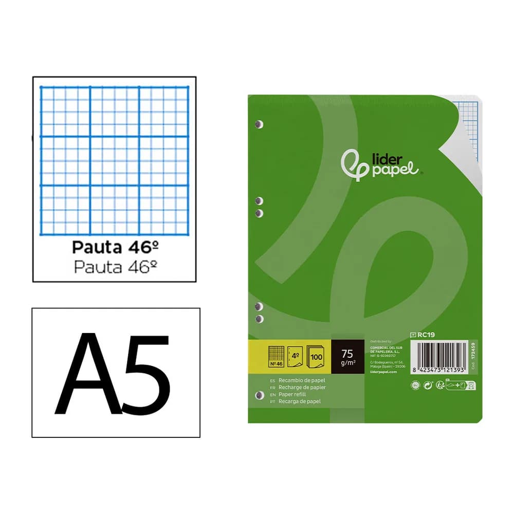 Liderpapel Recambio liderpapel din a5 100 hojas 75gr rayado nº 46 6 taladros