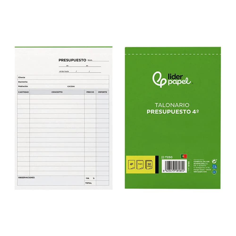 Liderpapel Talonario liderpapel presupuesto cuarto original y copia t230
