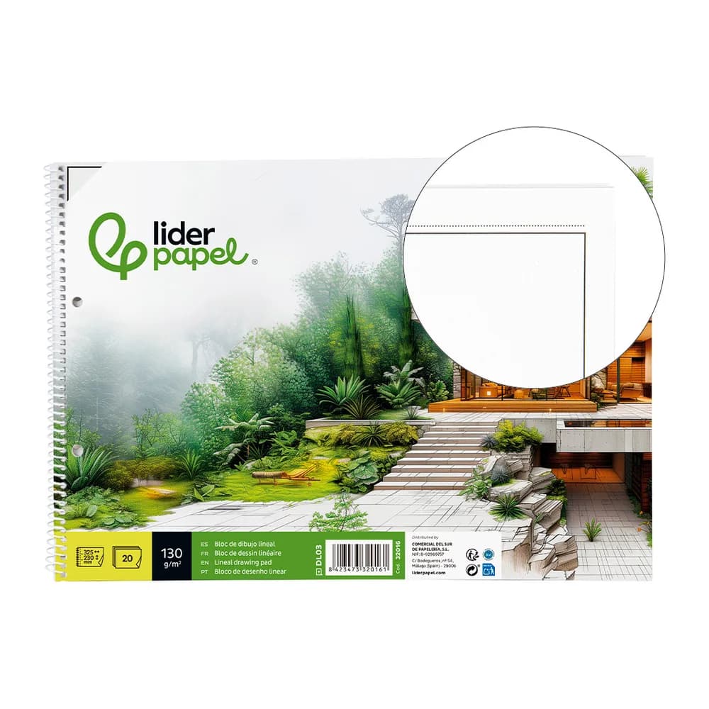 Liderpapel Bloc dibujo liderpapel lineal espiral 230x325mm 20 hojas 130gr/m2 con recuadro 2 taladros perforado