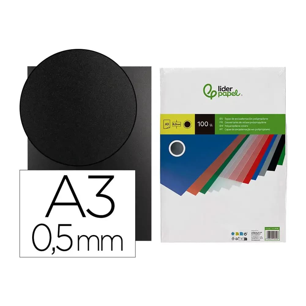 Liderpapel Tapa encuadernacion liderpapel polipropileno a3 0.5 mm negro opaco paquete de 100 unidades