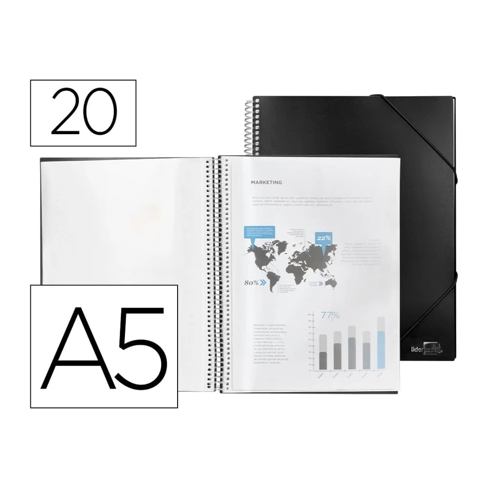 Liderpapel Carpeta liderpapel escaparate con espiral 20 fundas polipropileno din a5 negro opaco