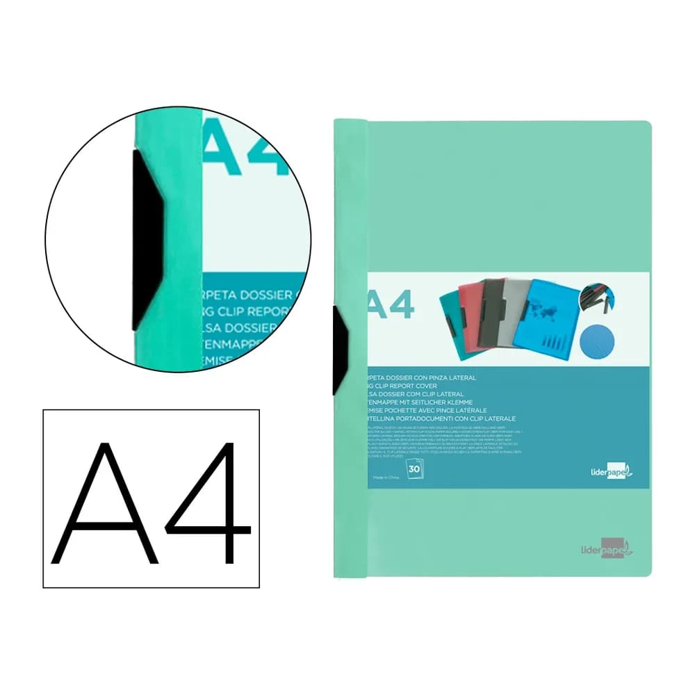 Liderpapel Carpeta liderpapel dossier pinza lateral polipropileno din a4 verde manzana opaco 30 hojas pinza deslizante