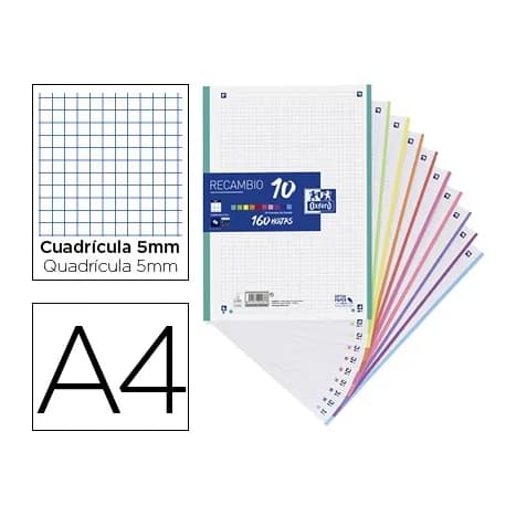 Oxford Recambio color oxford a4 160 hojas optik paper+ cuadro 5 mm 4 taladros banda 10 colores