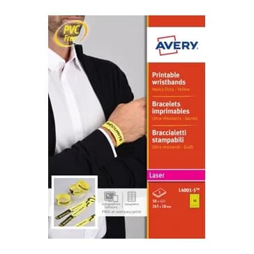 Avery Pulsera identificativa avery polietileno amarillo fluorescente imprimible laser 265x18 mm pack de 50 unidades