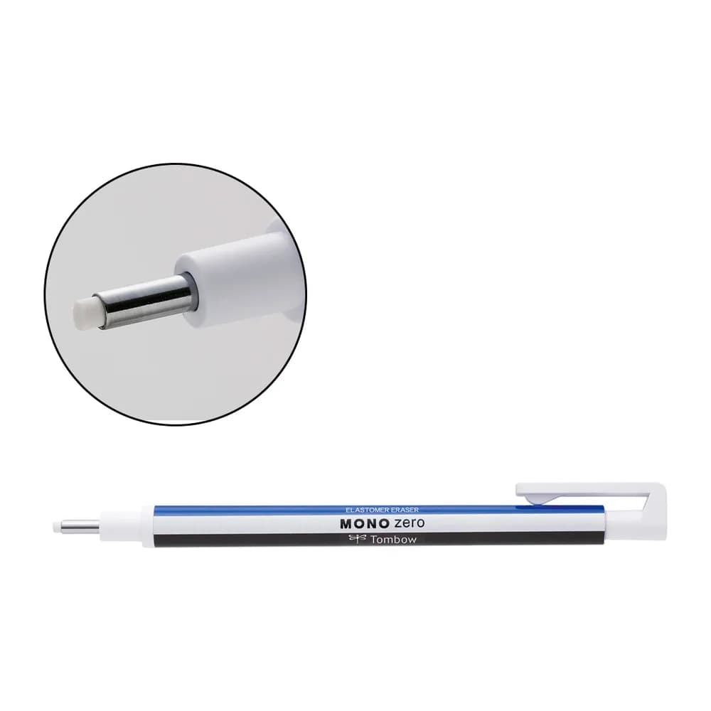 Tombow Portagomas tombow mono zero con clip goma redonda 2,3 mm diametro color azul blanco y negro