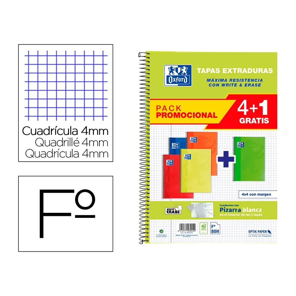 Oxford Cuaderno espiral oxford tapa extradura folio 80 hojas cuadro 4 mm con pizarra blancapack 4+1 colores clasicos