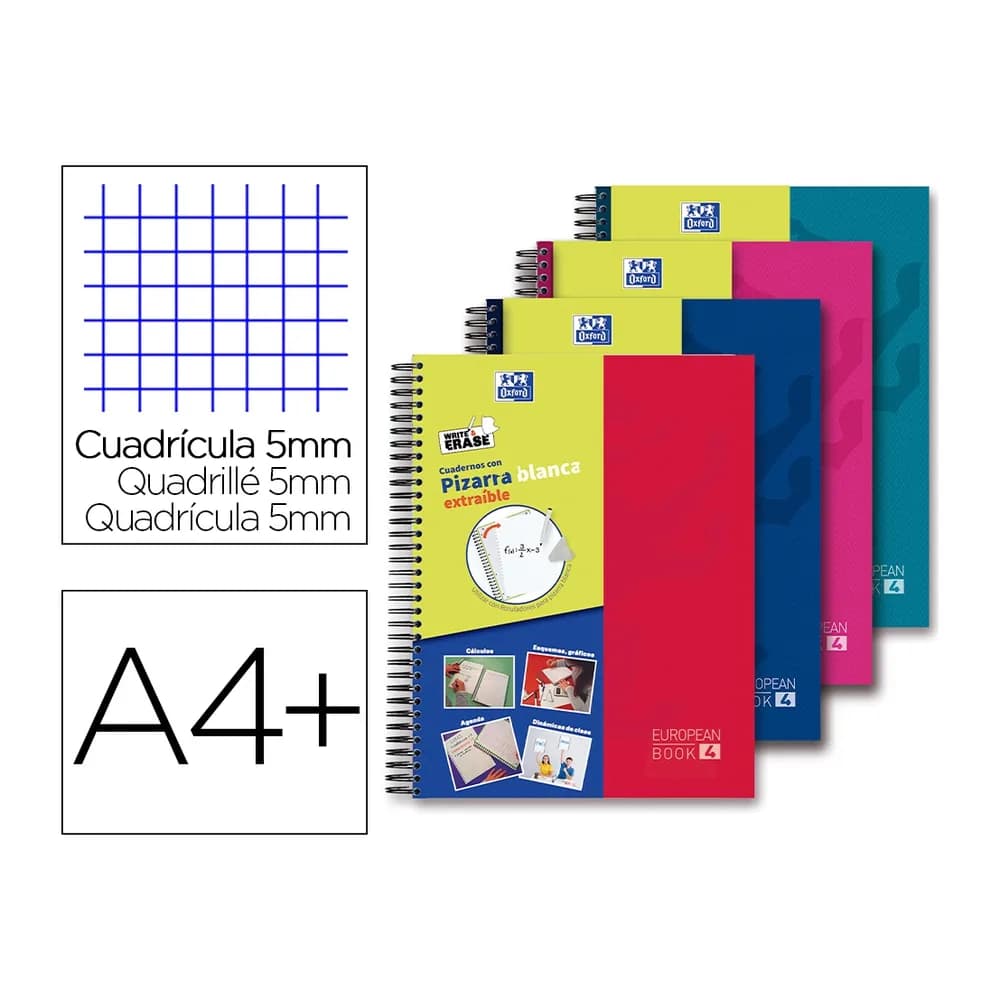 Oxford Cuaderno espiral oxford europeanbook 5 write&erase school classic din a4+ 120 hojas cuadro 5 mm con margen