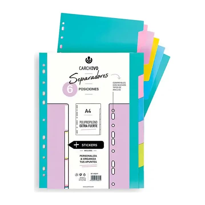 Carchivo Separador carchivo polipropileno soft extra fuerte din a4 multitaladro juego de 6 posiciones