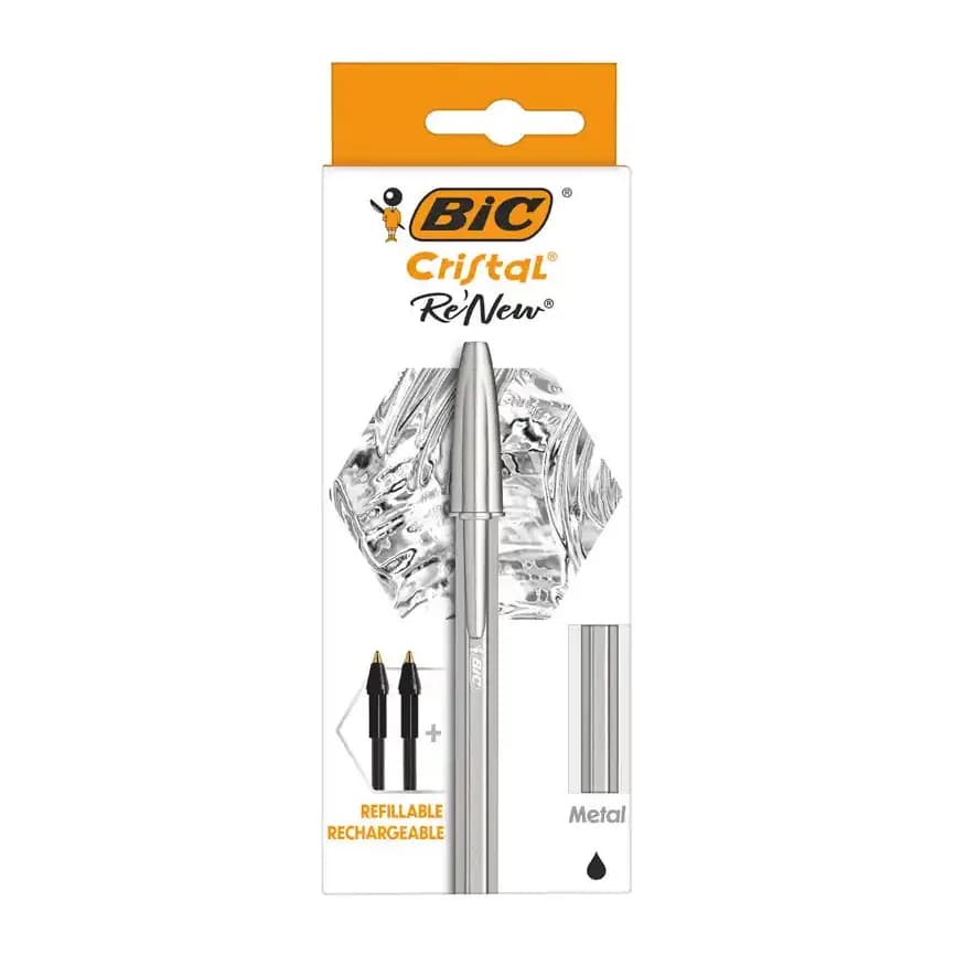 Bic Boligrafo bic cristal renew cuerpo en aluminio mate tinta negro + 2 recambios en caja de carton