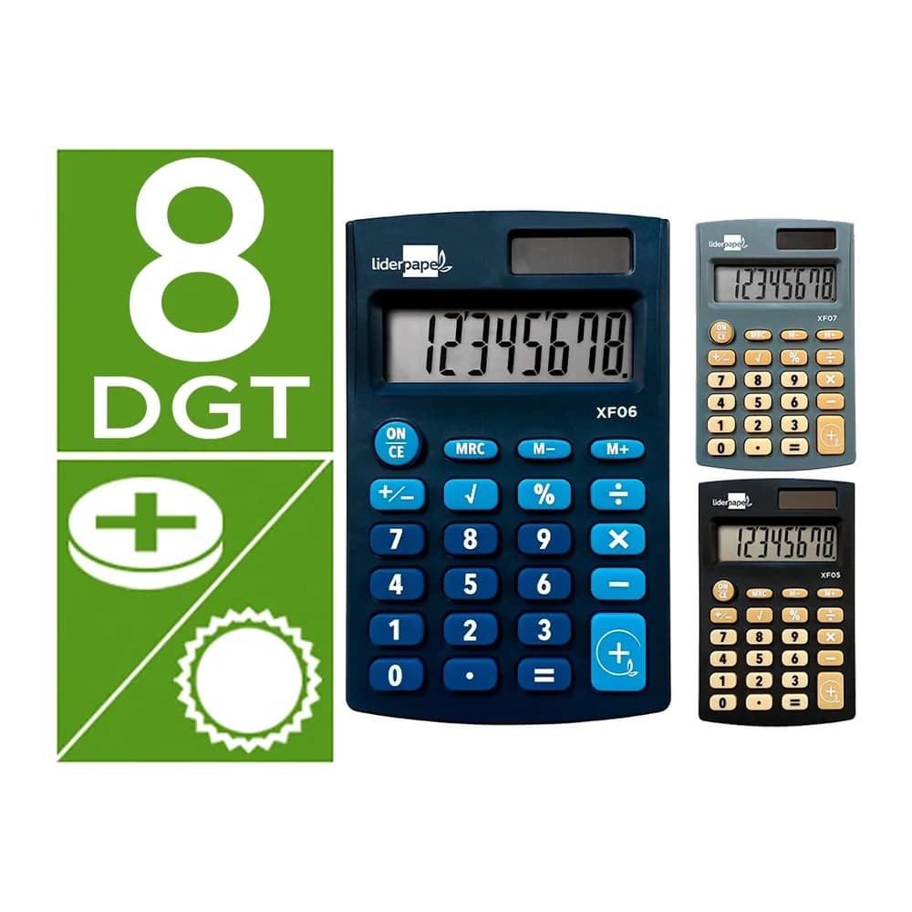Liderpapel Calculadora liderpapel expositor 16 unidades colores bolsillo xf08 8 digitos solar y pilas 98x62x8 mm