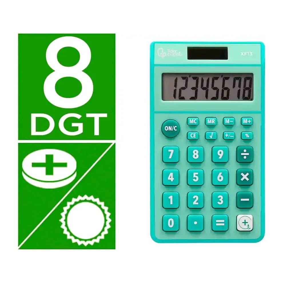 Liderpapel Calculadora liderpapel bolsillo xf13 8 digitos solar y pilas color verde 115x65x8 mm