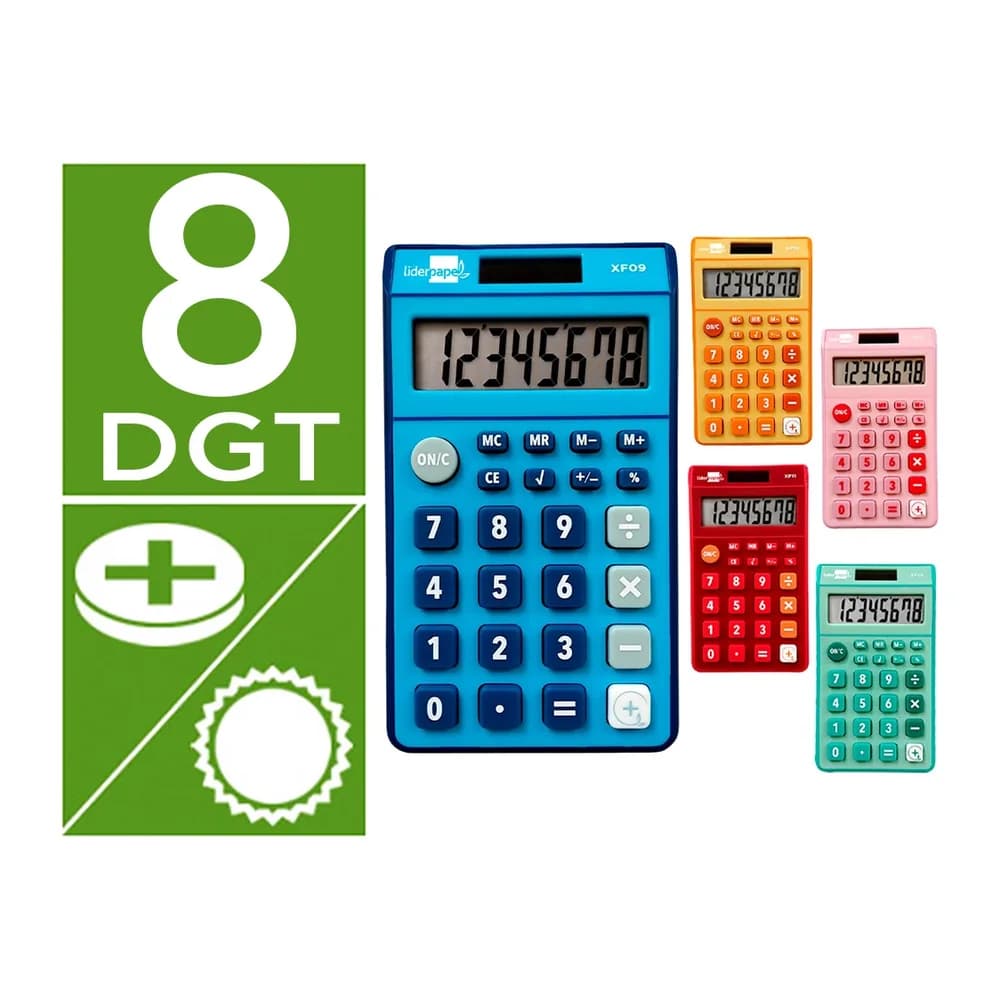 Liderpapel Calculadora liderpapel bolsillo xf14 8 digitos solar y pilas 115x65x8 mm expositor de 16 unidades colores