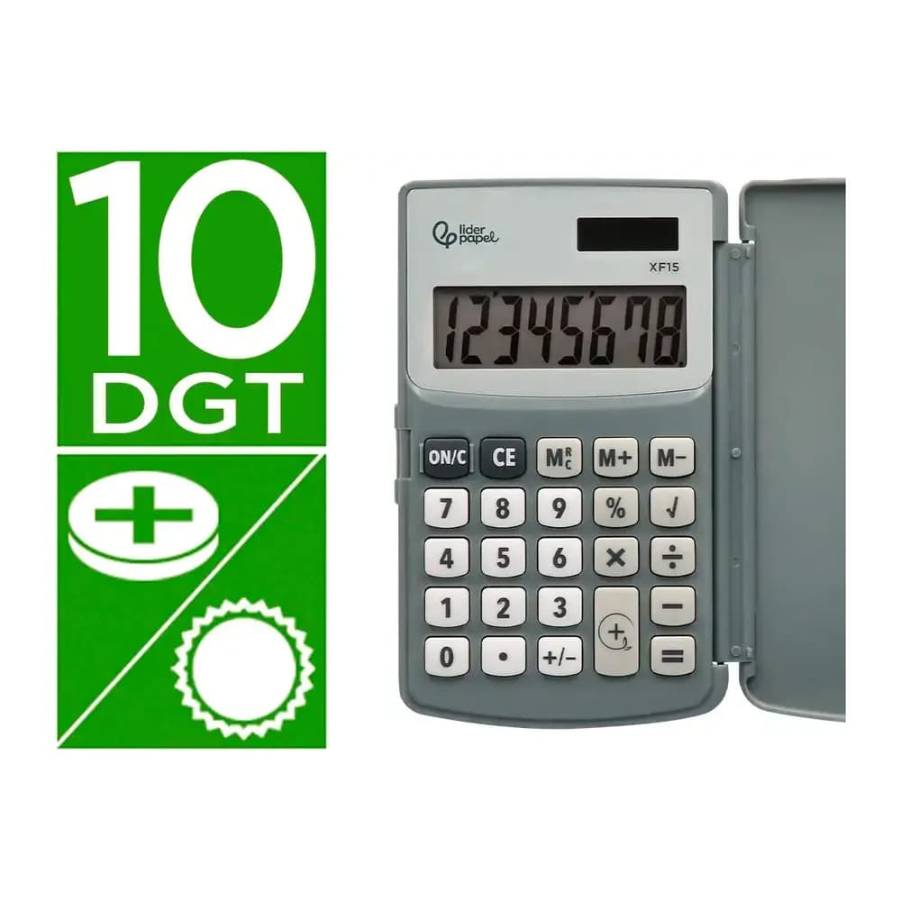 Liderpapel Calculadora liderpapel bolsillo xf15 10 digitos con tapa solar y pilas color gris 123x75x12 mm