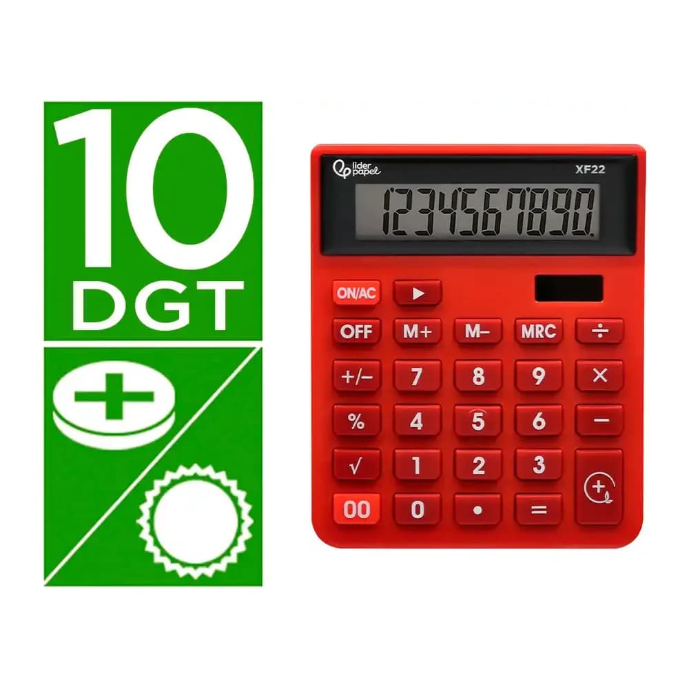 Liderpapel Calculadora liderpapel sobremesa xf22 10 digitos solar y pilas color rojo 127x105x24 mm