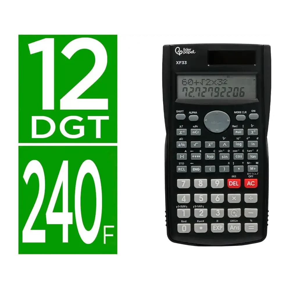 Liderpapel Calculadora liderpapel cientifica xf33 12 digitos 240 funciones con tapa solar y pilas color negro 156x85x20