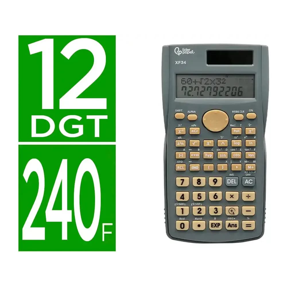 Liderpapel Calculadora liderpapel cientifica xf34 12 digitos 240 funciones con tapa solar y pilas color gris 156x85x20