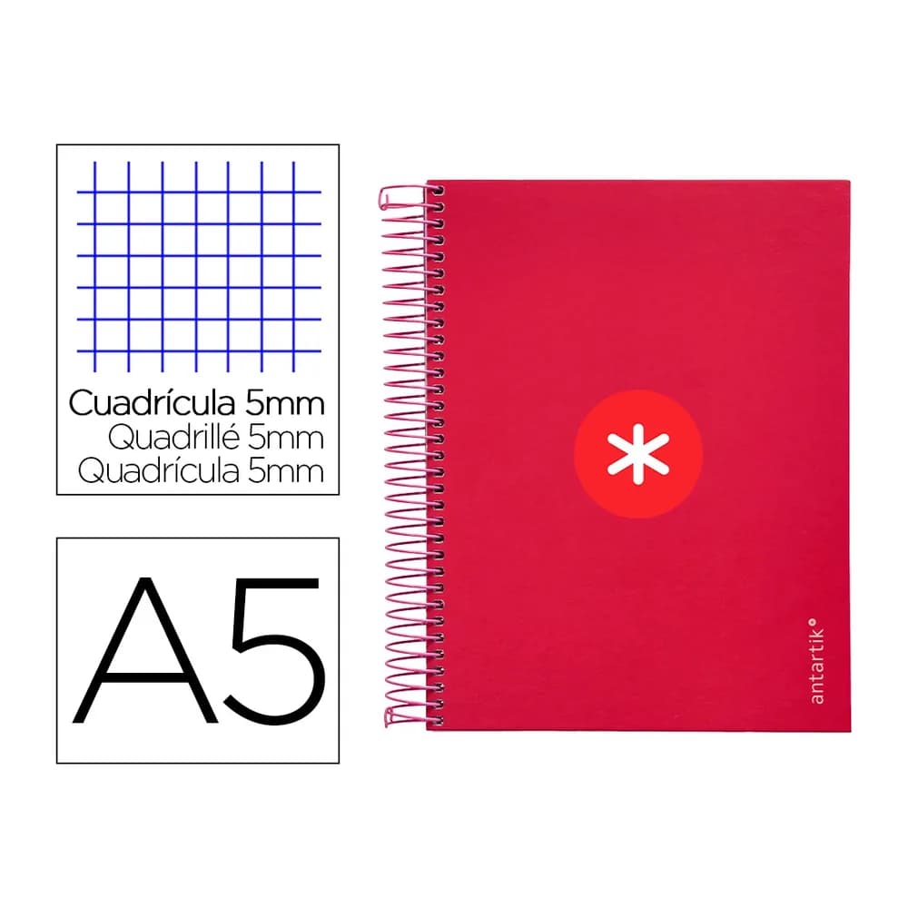 Antartik Cuaderno espiral a5 micro antartik tapa forrada120h 90 gr cuadro 5mm 5 bandas6 taladros color frambuesa