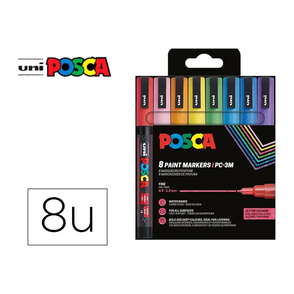 Posca Rotulador uni posca pc-3m/8c marcador de pintura punta conica 0,9-1,3 mm estuche de 8 unidades colores purpurina