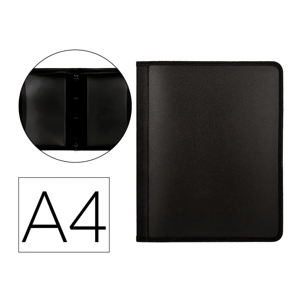 Liderpapel Carpeta liderpapel 4 anillas 25 mm polipropileno cierre cremallera 4 bolsillos interiores con ribete color negro