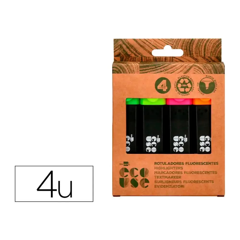 Liderpapel Rotulador liderpapel ecouse fluorescente fabricado con 68% plastico reciclado caja de 4 unidades colores surtidos