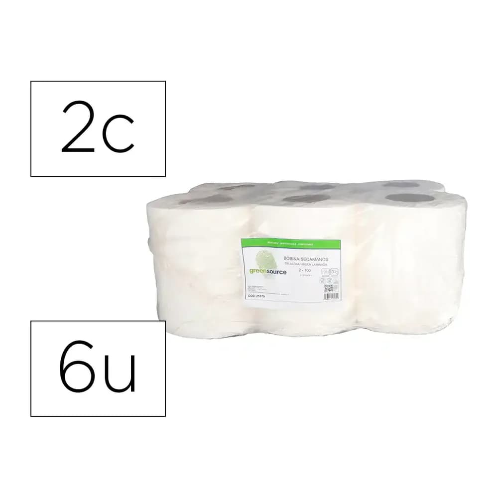 Bunzl Papel secamanos bunzl greensource celulosa blanco 2 capas 200 mm x 100 mt paquete de 6 unidades